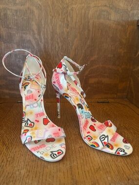 Aldo White Multi-Color Graphic Ankle-Strap Stiletto Heels